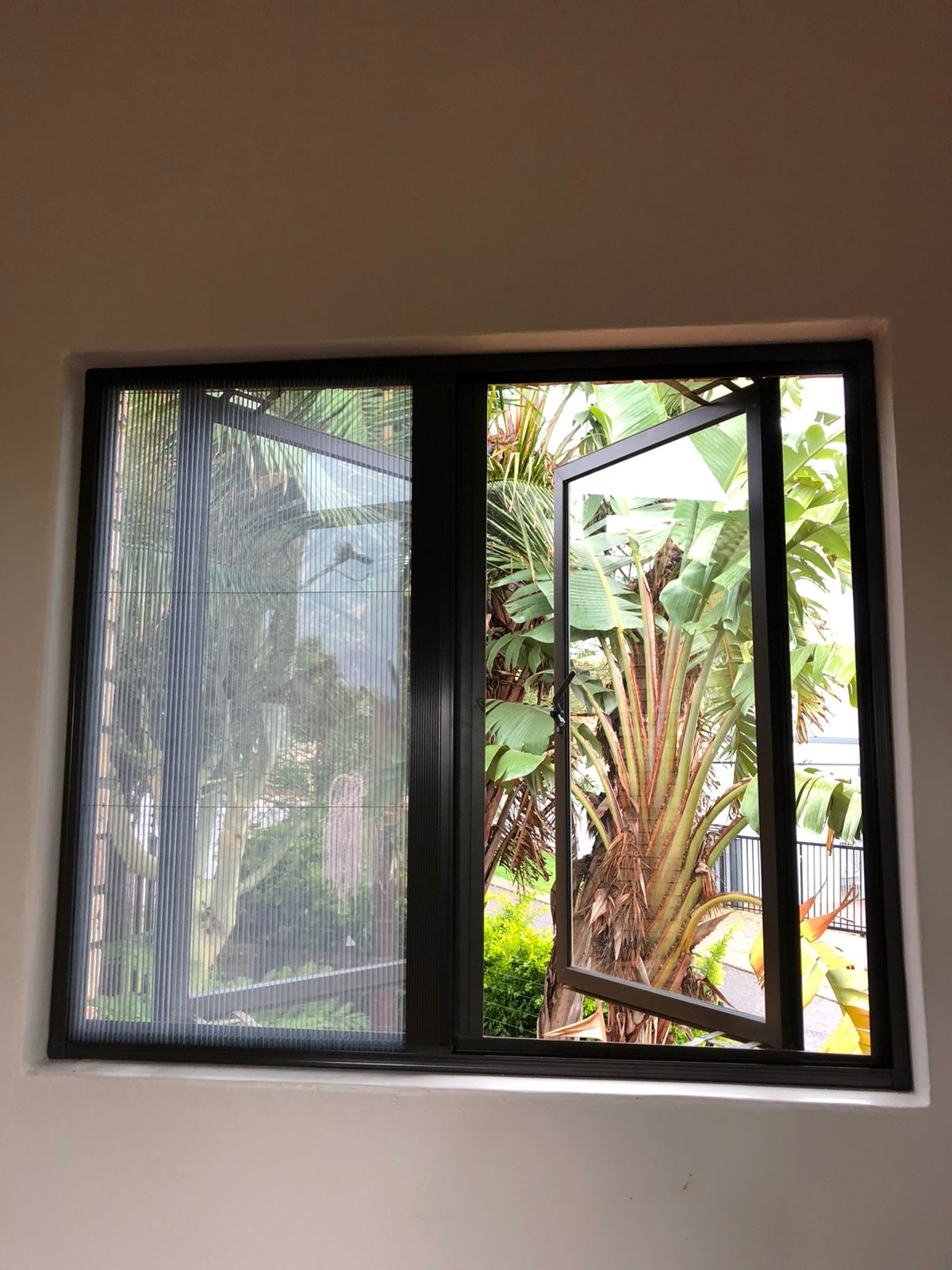 A complete flyscreen installation fitted to a black-framed window